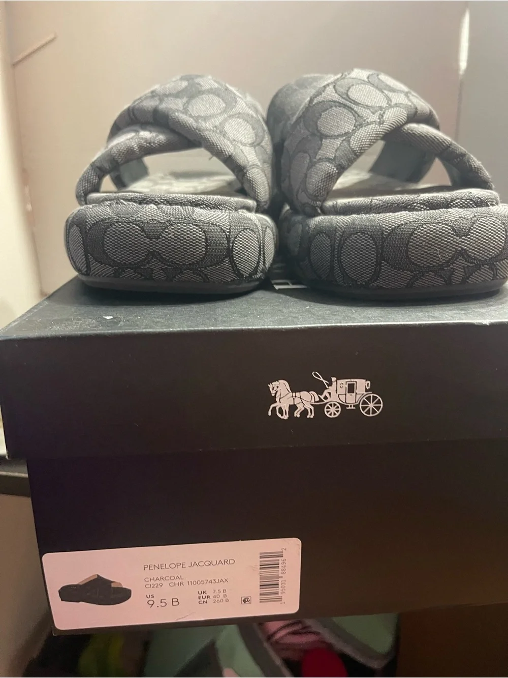 Coach Gray Signature Jacquard Cross-Band Slide Sandals